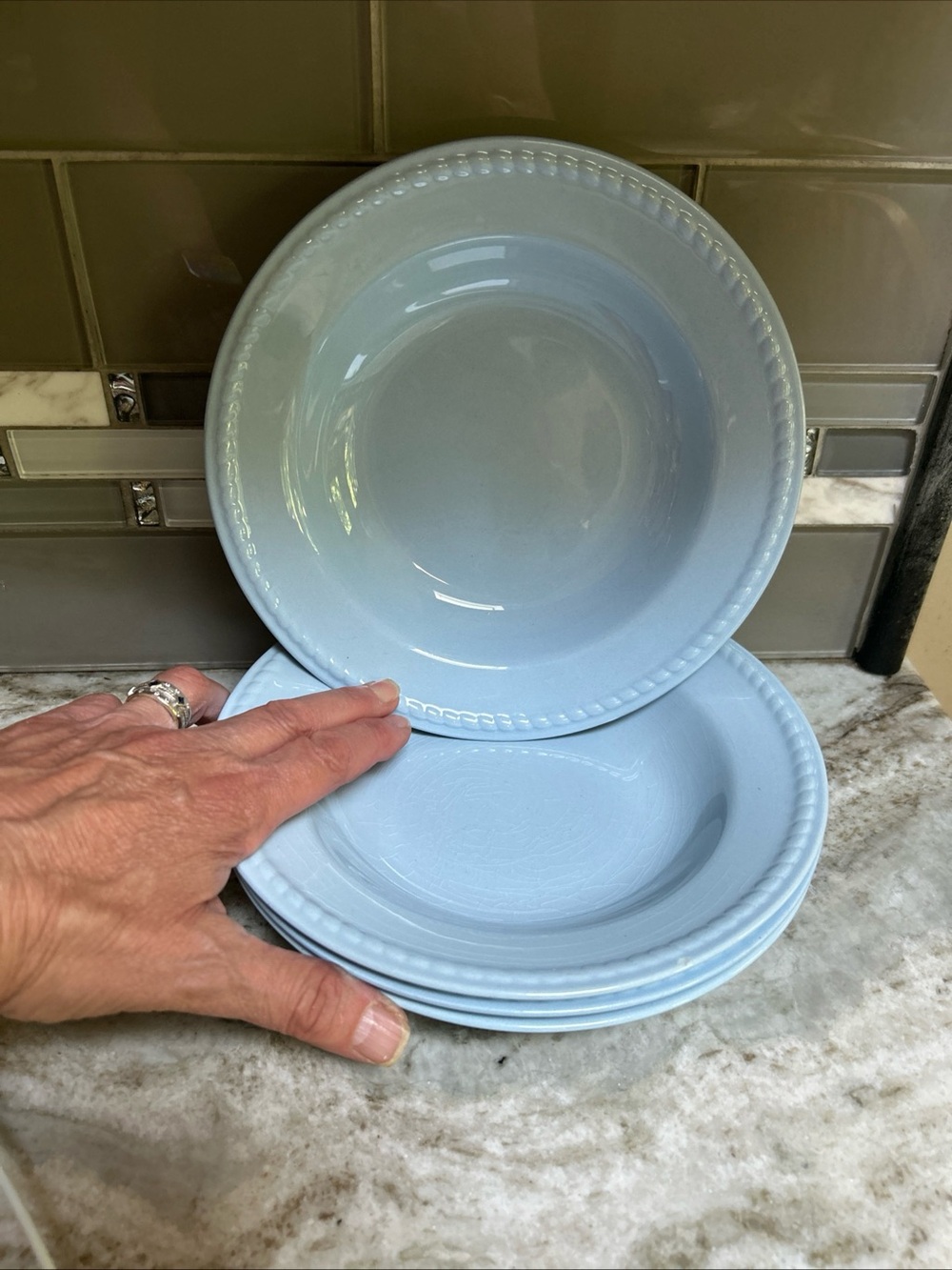 4 Homer Laughlin KRAFT BLUE  8 1/2" FLAT RIM SOUP BOWLS Sea Shore Blue Rope Edge
